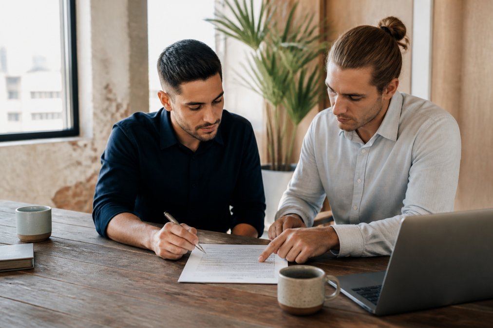 Two business partners reviewing and signing a partnership agreement document at a wooden desk in a bright office, with a laptop and coffee cups nearby