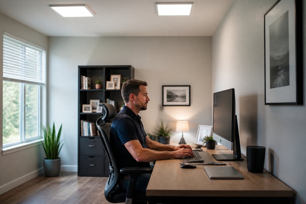 A person sitting at a well-organized desk with a monitor positioned perpendicular to a window, soft overhead LED panel lighting visible on the ceiling above, no visible glare on the screen surface, modern home office setting with neutral walls
