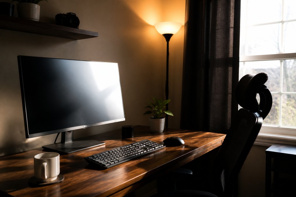 Close-up of a home office workstation with warm LED strip backlighting glowing behind the monitor, blackout curtains partially drawn on a window beside the desk, soft ambient light from a floor lamp in the corner, tidy desk surface with keyboard and mouse