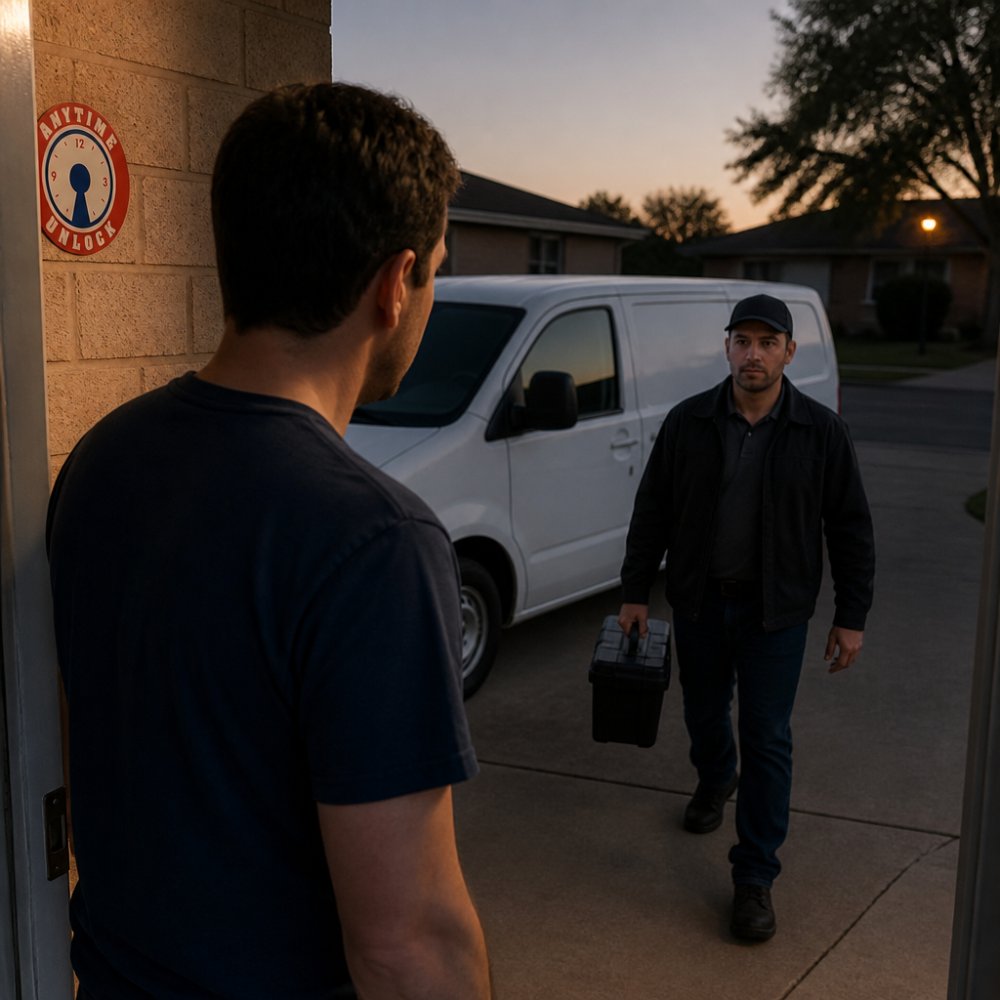 A homeowner standing at their front door looking at an unmarked white van parked in the driveway, with a locksmith technician in plain clothes approaching the door carrying a toolbox, evening light