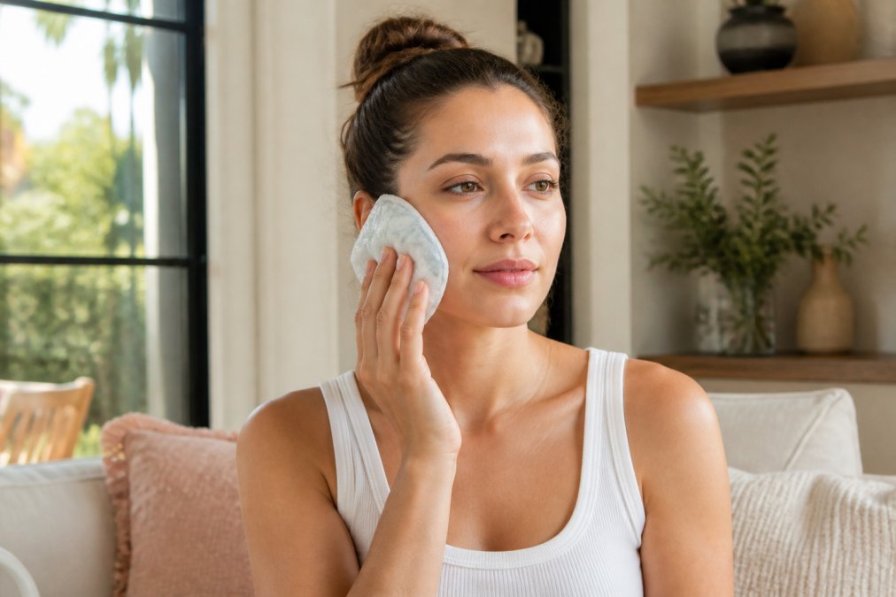 Person sitting upright applying cold compress to cheek post-treatment, minimal makeup, comfortable home setting with natural light
