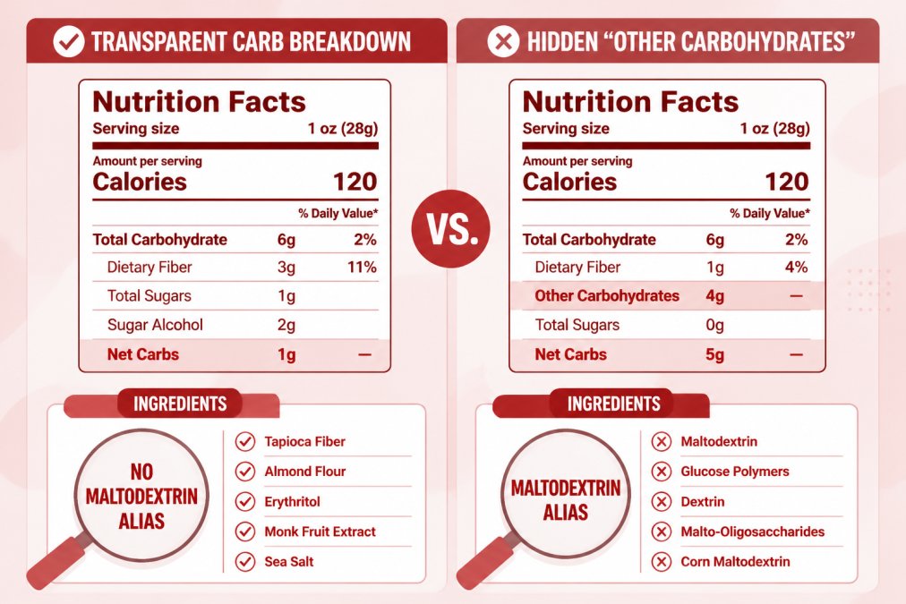 Split-screen comparison of two nutrition labels side-by-side, one with transparent carb breakdown and one with hidden "other carbohydrates" category; close-up of ingredient lists showing maltodextrin aliases
