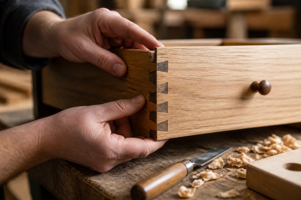 Close-up of hands inspecting the dovetail joint of a solid wood drawer on a workbench, with a chisel and wood shavings nearby, warm workshop lighting