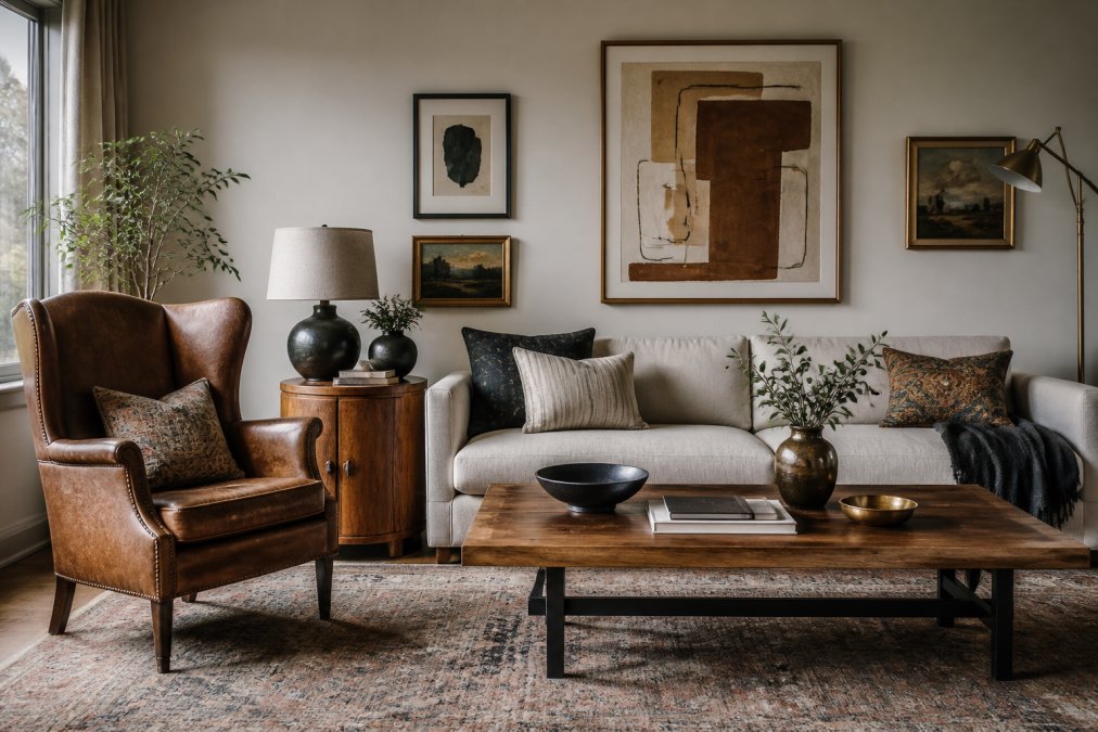 Well-designed living room with mixed wood tones and furniture silhouettes, a low modern sofa paired with a vintage wingback chair, metal floor lamp, warm wood side table, and eclectic artwork creating visual interest through varied shapes and finishes