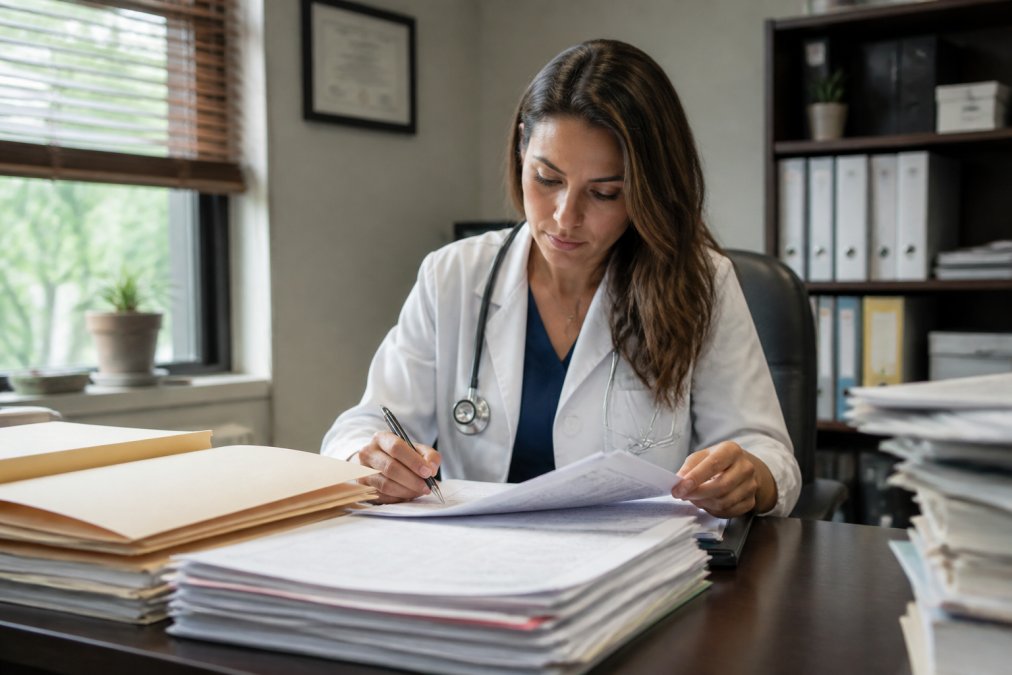 Healthcare provider carefully reviewing and documenting patient medical records at a desk with organized files, compliance materials, and proper lighting in a clinical office setting