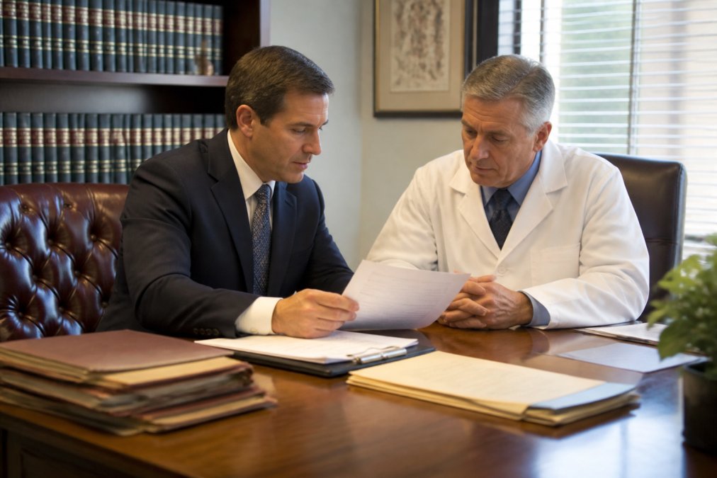 Professional consultation between a healthcare provider and defense attorney in a modern office setting, reviewing legal documents and discussing strategy with organized files and professional atmosphere