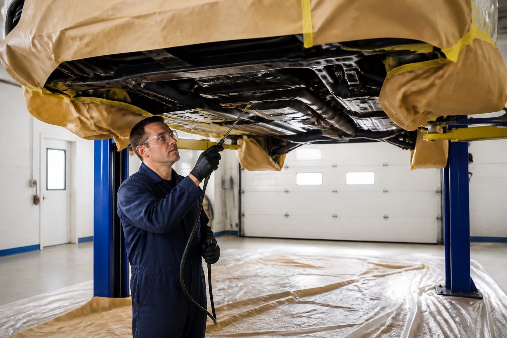 Technician applying undercoating to a car on a lift using masking to prevent messy car undercoating overspray.