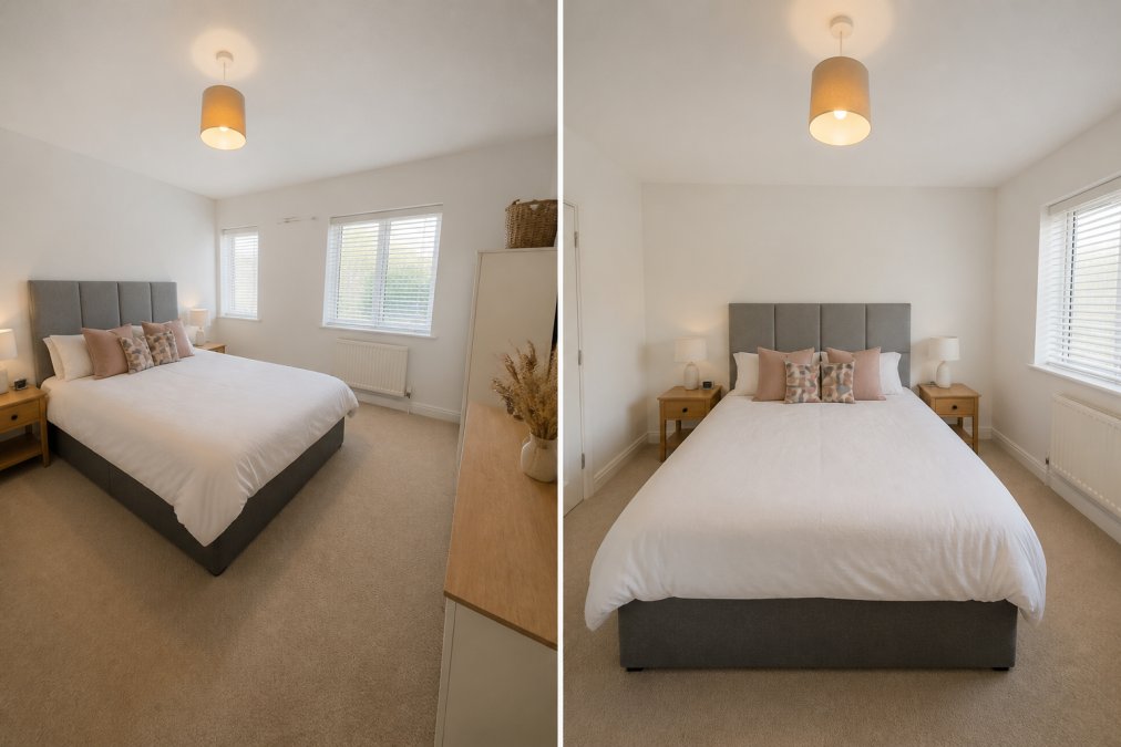 A property interior photographed with exaggerated wide-angle lens distortion showing stretched spatial proportions and warped walls, alongside a straightforward photograph of the same room taken from a normal perspective