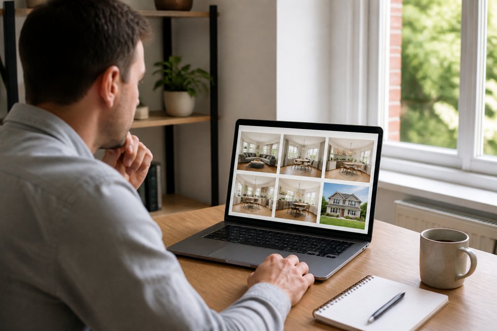 A prospective buyer sitting at a home office desk, reviewing property listing photos on a laptop screen with natural daylight from a window, notebook and pen nearby for taking notes