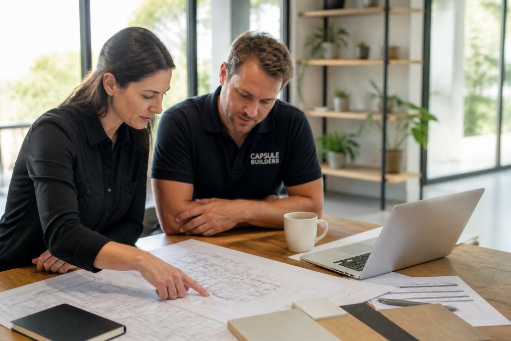 Homeowner and designer reviewing detailed building plans and budget spreadsheet together on a laptop in a bright, modern office space with natural light streaming through windows