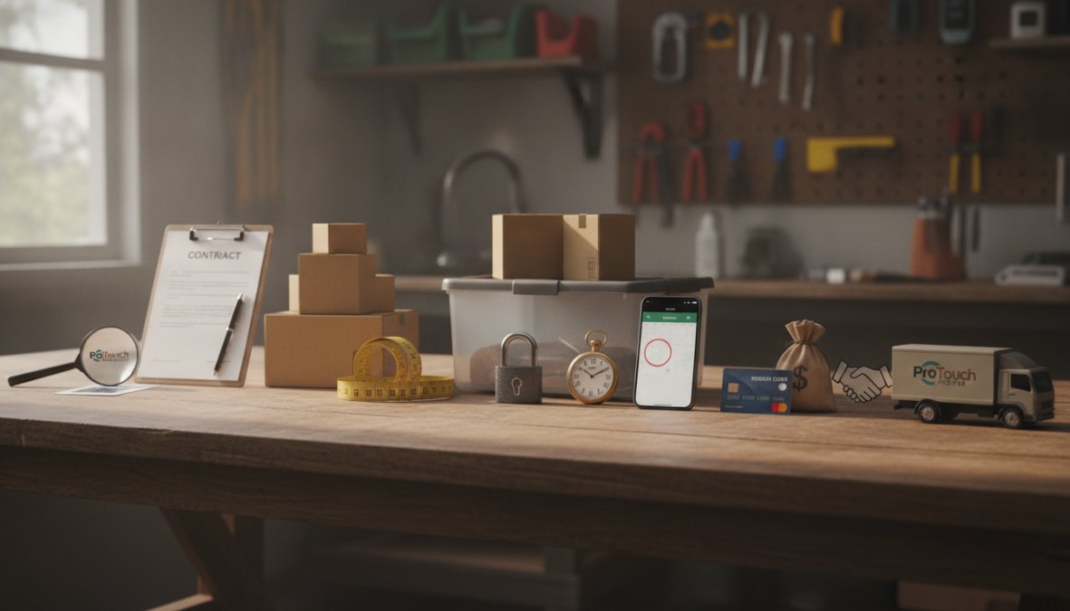 How to Avoid Moving Company Scams: 7 Steps 1 Professional moving company representative reviewing a written estimate and inventory list with a customer in their home, both standing near packed boxes with natural sunlight streaming through windows