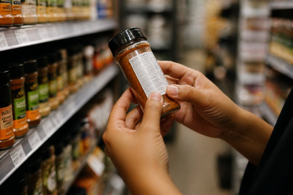 Close-up of a person's hands holding a spice jar in a grocery store aisle, turning it over to read the ingredient label on the back under warm overhead lighting