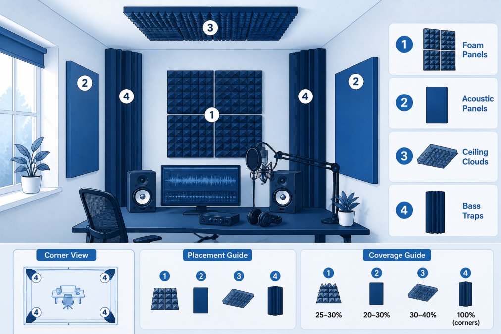 Home studio corner showing acoustic treatment materials installed on walls and ceiling, bass traps visible in corners, professional microphone setup with pop filter on desk with natural window lighting