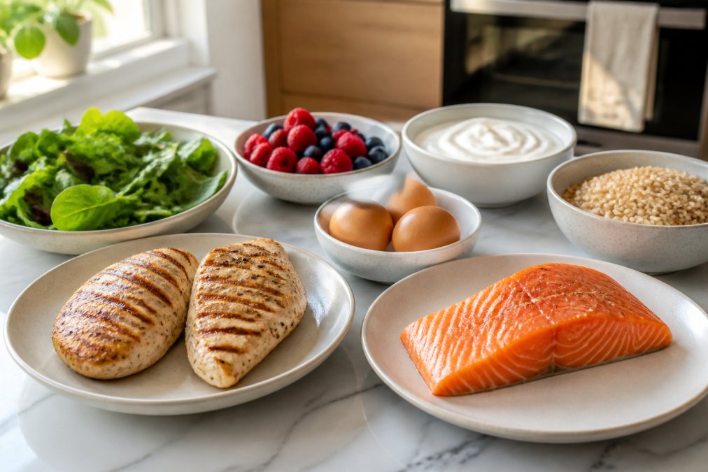 A colorful spread of nutrient-dense foods on a bright kitchen counter, including grilled chicken breast, wild-caught salmon fillet, fresh leafy greens, whole eggs, Greek yogurt, berries, and brown rice, with natural sunlight illuminating the fresh ingredients