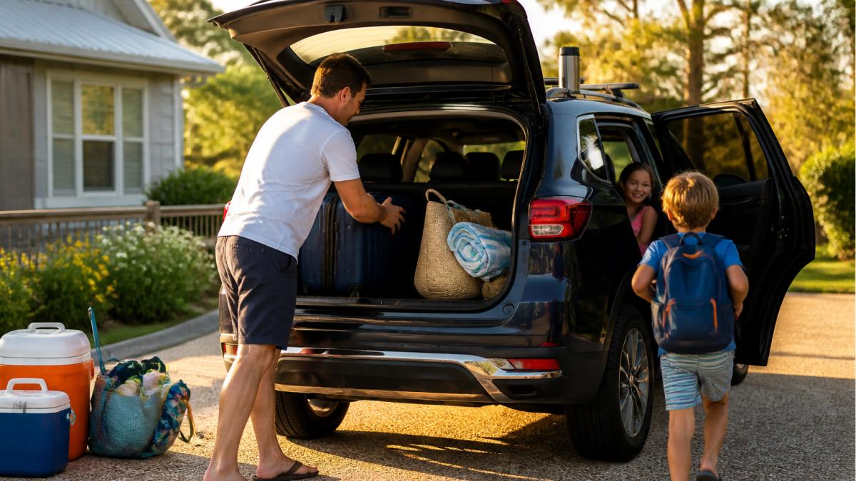 A family loading suitcases and beach gear into an SUV in a sunny driveway early in the morning, with a coffee thermos on the roof and children buckling in, ready for a road trip