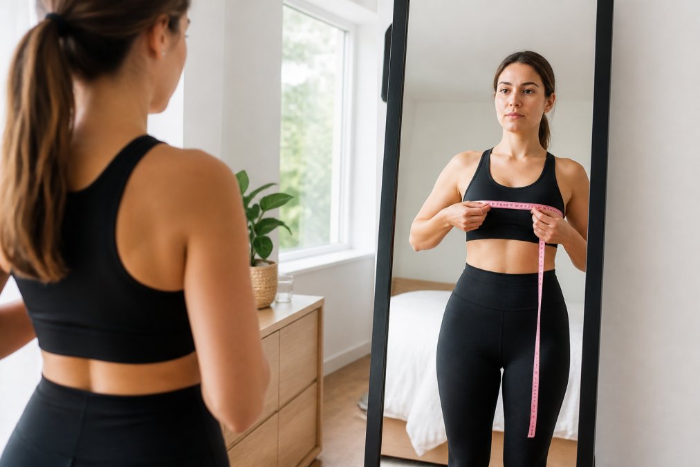 Person standing in front of a full-length mirror wearing fitted clothing, using a soft measuring tape to measure around bust area while looking straight ahead with natural window lighting