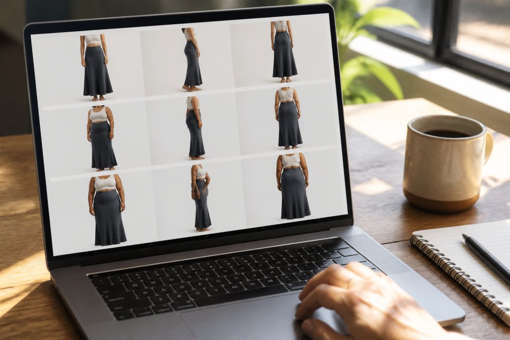 Laptop screen displaying product page with multiple photos of the same garment shown on three different body types from front, side, and back angles, with natural window lighting on the desk