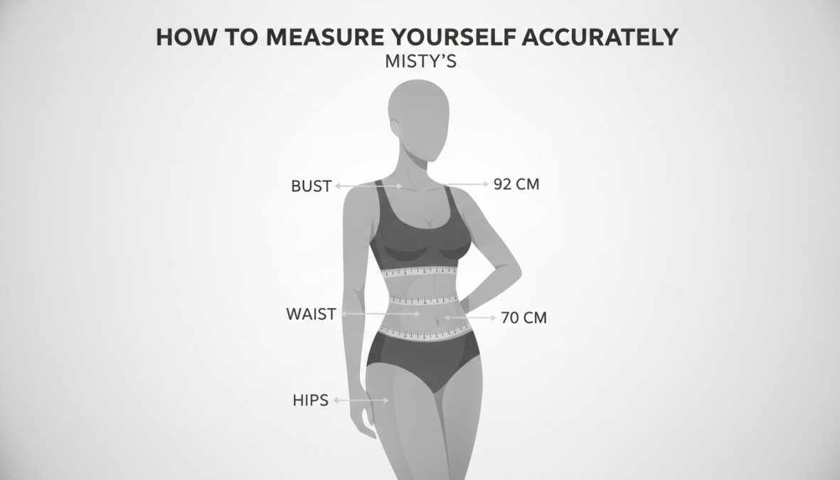 Woman measuring her bust, waist, and hips with a soft measuring tape against her body, showing proper measurement technique with arms relaxed at her sides