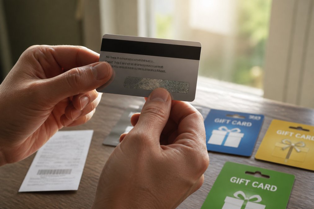 Hands inspecting a gift card for tampering to protect against online gift scams by checking the scratch-off PIN area.