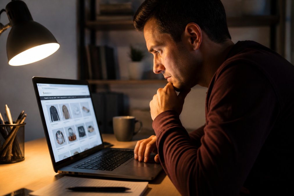 Person sitting at a desk closely inspecting a laptop screen showing an online store, leaning forward with a cautious expression, warm desk lamp illuminating the scene