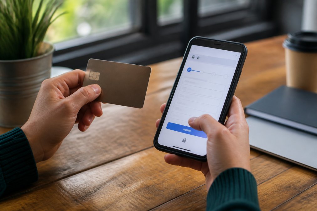 Close-up of hands holding a credit card next to a smartphone displaying a secure checkout page with a padlock icon visible in the browser bar, natural light from a window