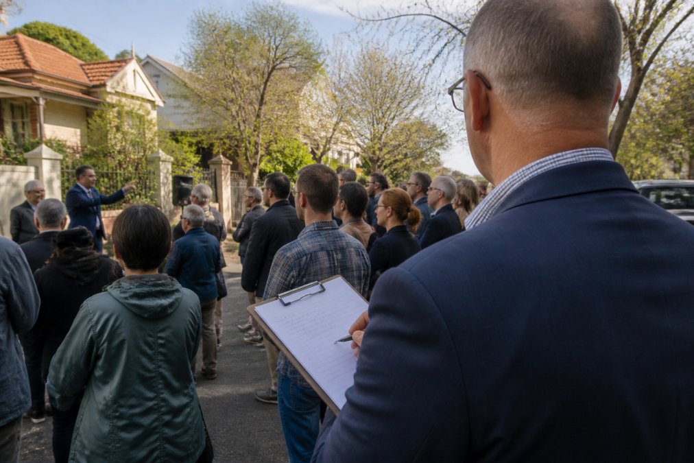 Buyer's advocate holding a bidding limit on a clipboard to avoid overpaying at a busy Melbourne property auction.