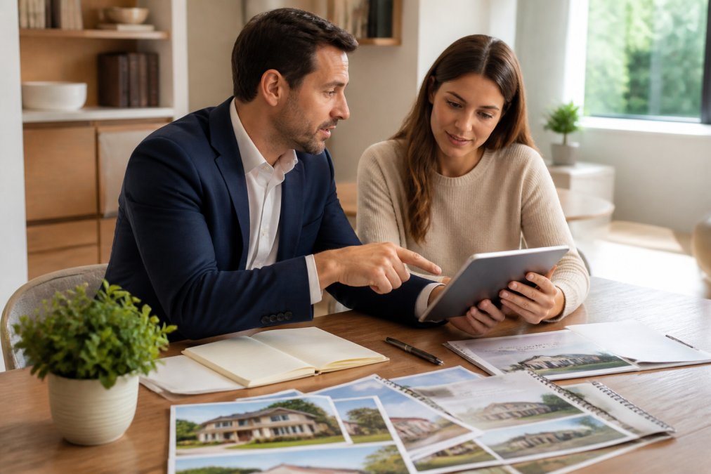 Real estate agent and buyer reviewing property listings and comparable sales data on a tablet in a bright, modern home office with neighborhood market reports visible on the desk