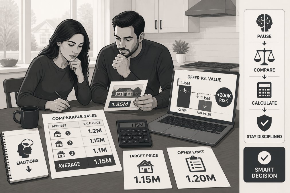 Couple having a serious, thoughtful discussion at their kitchen table with mortgage documents, a calculator, and comparable sales analysis visible, natural afternoon light from windows
