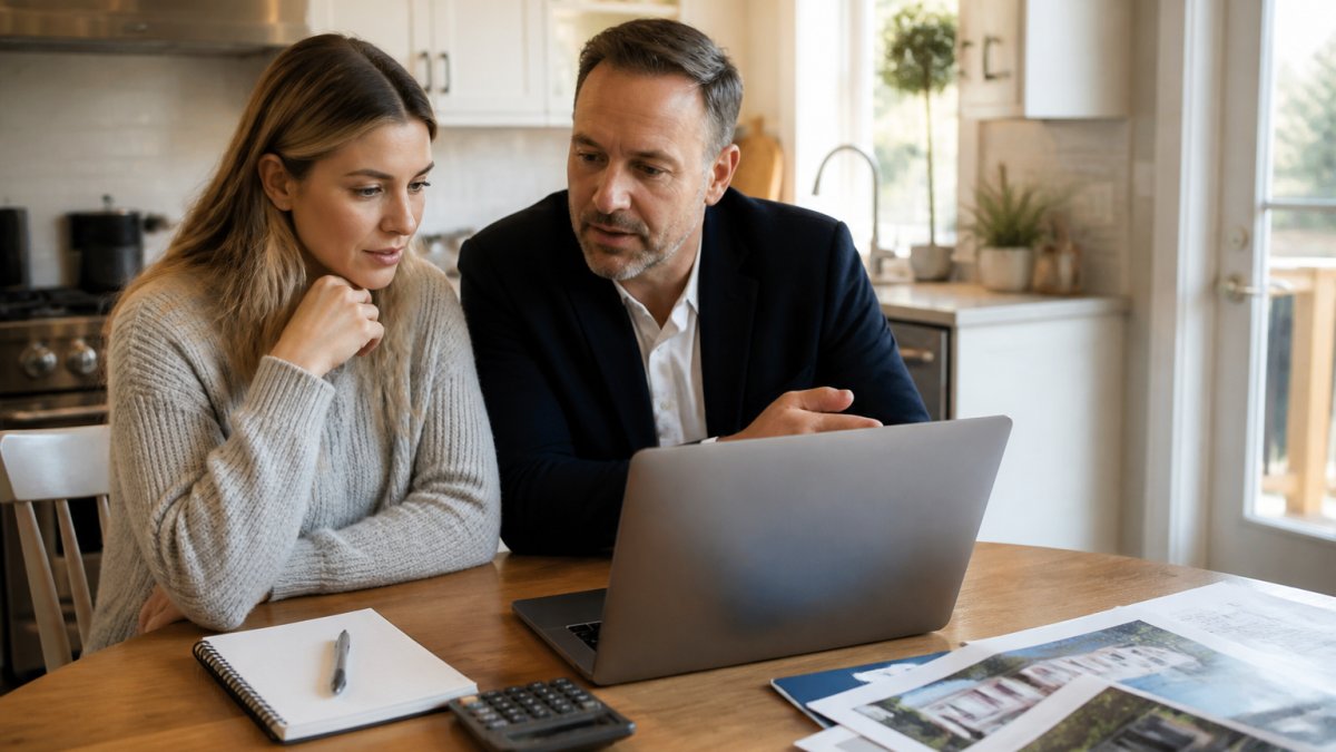A real estate agent and a first-time homebuyer reviewing property listings and sold-price data on a laptop at a kitchen table, with a calculator and notepad nearby