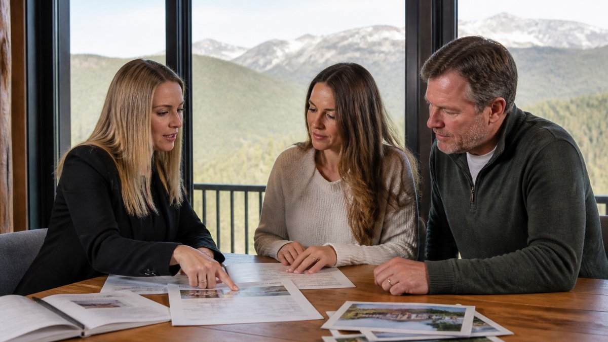Real estate agent and couple reviewing comparable sales data for a mountain property at a wooden table