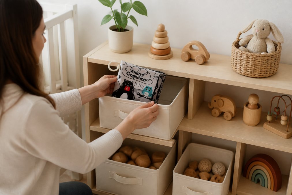 Parent organizing wooden and natural-material toys into labeled storage bins on a shelf, showing a calm, clutter-free nursery setup with soft natural light