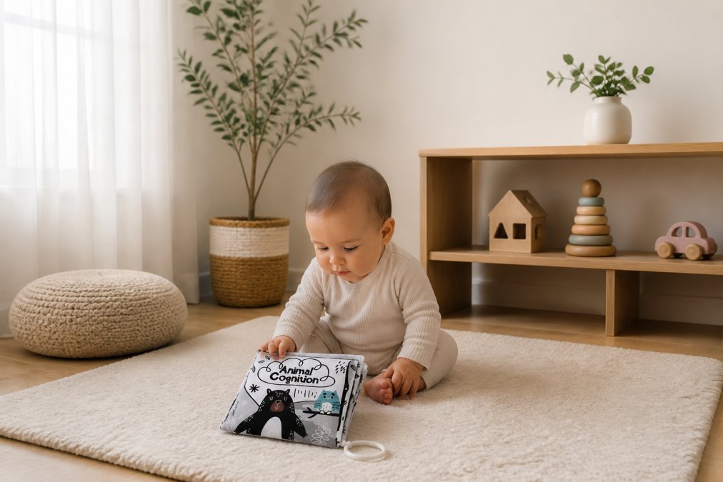 Peaceful nursery with soft neutral colors, natural light streaming through windows, minimal toys on open wooden shelving, and a baby playing quietly with one wooden toy on a soft mat