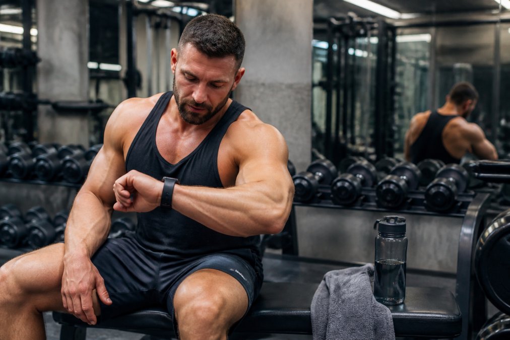 A male bodybuilder resting between sets, sitting on a bench in a gym, looking at a smartwatch to check heart rate, with a water bottle and towel nearby