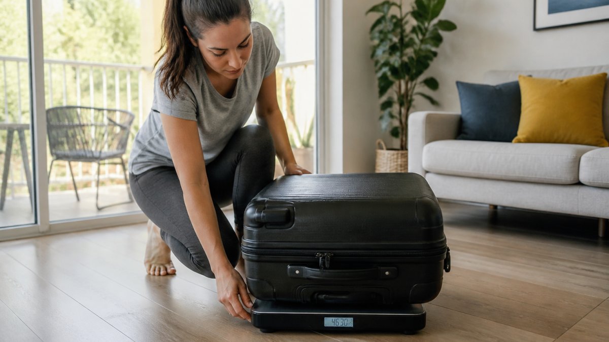 Traveler weighing a suitcase on a digital scale to avoid overweight baggage fees before their trip.