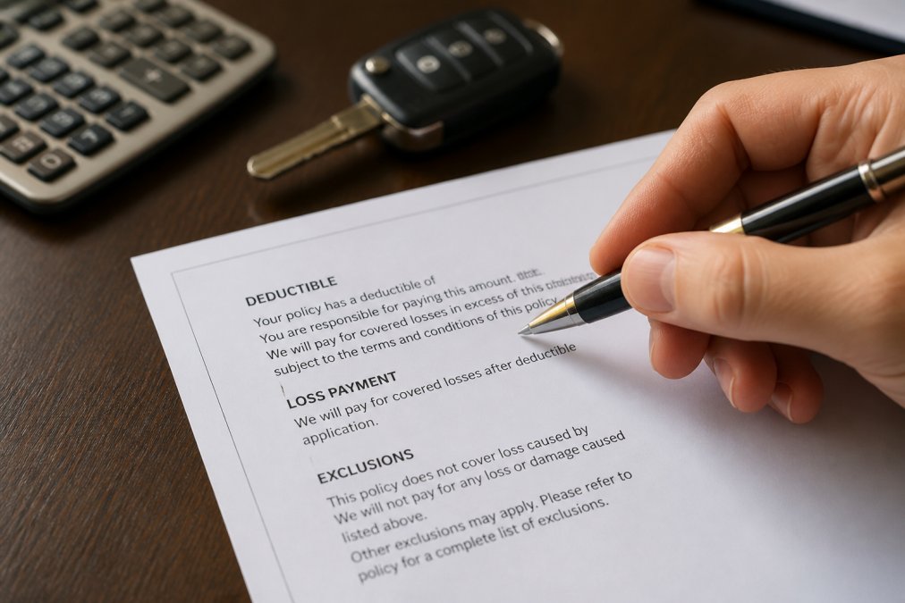 Close-up of a hand holding an insurance policy document with a pen, highlighting the deductible clause, on a desk with a calculator and car keys nearby