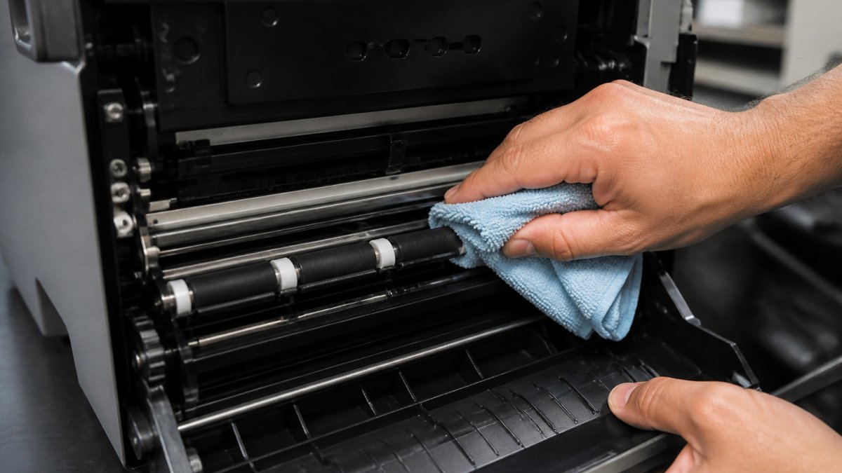 Professional technician's hands cleaning printer rollers with soft microfiber cloth, showing the paper path and feed mechanism clearly in bright workshop lighting