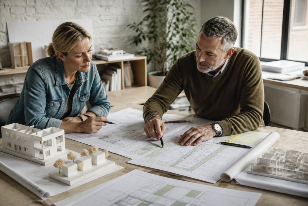 Architect and homeowner reviewing detailed architectural drawings and site plans at a desk with scale models, planning documents, and measurement tools spread out in natural office lighting