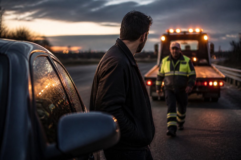 A driver standing beside their vehicle on a roadside at dusk, looking concerned while a tow truck operator in reflective gear approaches in the background, capturing the moment of interaction between driver and towing service