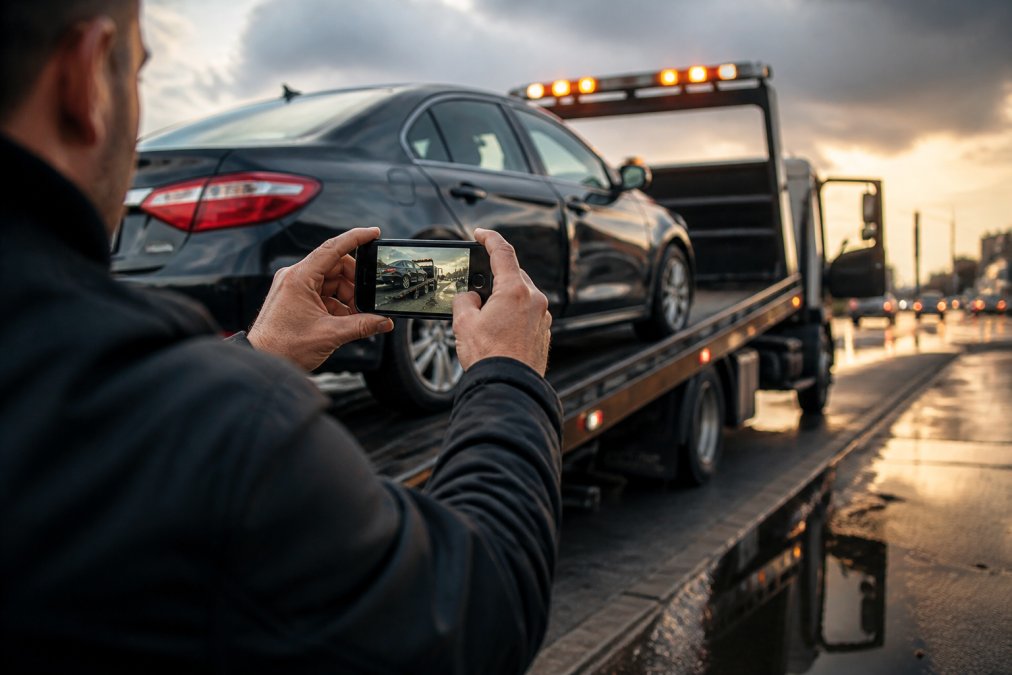 A person photographing their vehicle with a smartphone, documenting damage and the towing situation, hands holding the phone to capture evidence at the scene