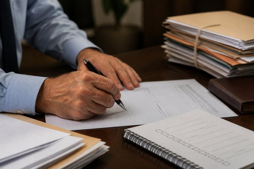 Close-up of hands signing legal documents on a desk with a pen, organized files, and a checklist visible