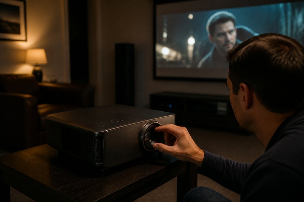 A person in a dimly lit living room adjusting the focus ring on a home theater projector while a movie plays on a large wall screen, warm ambient lighting, dark furniture