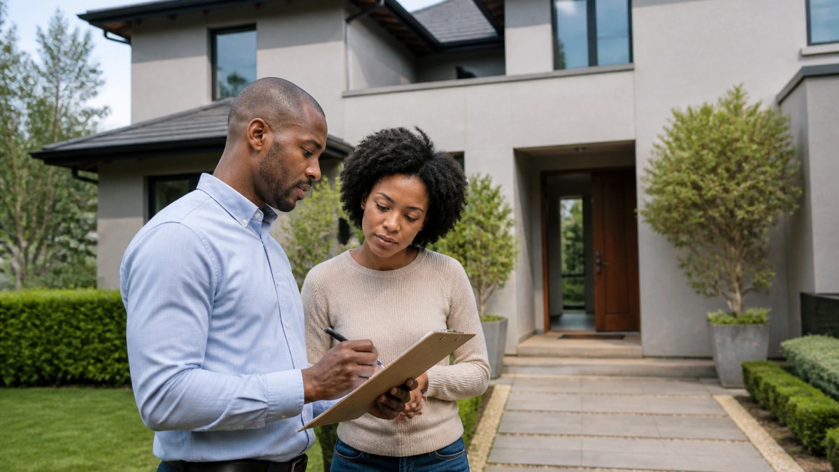 Professional property inspector and potential buyer standing outside residential building, reviewing checklist on clipboard while examining property exterior and condition under natural daylight
