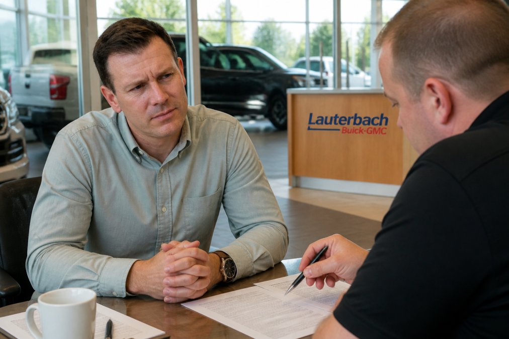 Customer sitting across from salesman at dealership desk, reviewing paperwork with skeptical expression while maintaining confident posture in professional showroom lighting