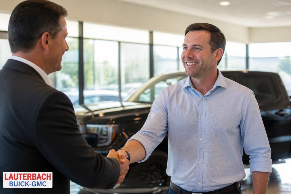 Professional customer shaking hands with salesman in dealership showroom, both smiling with mutual respect and confidence in bright modern setting