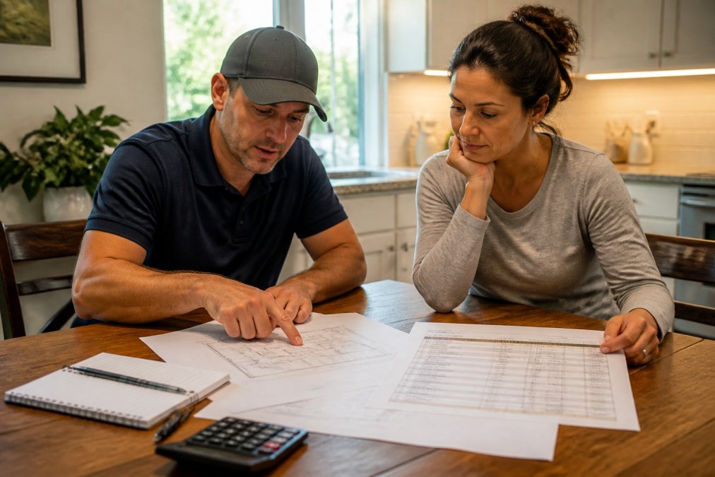 Homeowner and contractor reviewing detailed blueprints and cost breakdown spreadsheet at a wooden kitchen table with notebook, pen, and calculator in natural afternoon light