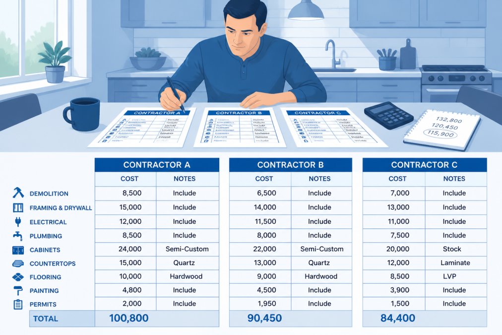 Homeowner at kitchen table reviewing three printed contractor estimates side by side, making notes with a pen and calculator, natural window light