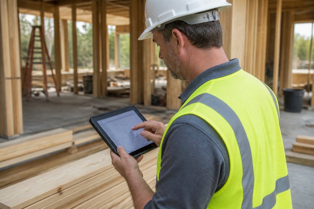 Project manager reviewing detailed budget spreadsheet and expense report on tablet device at an active residential construction site with framing visible in background and natural daylight