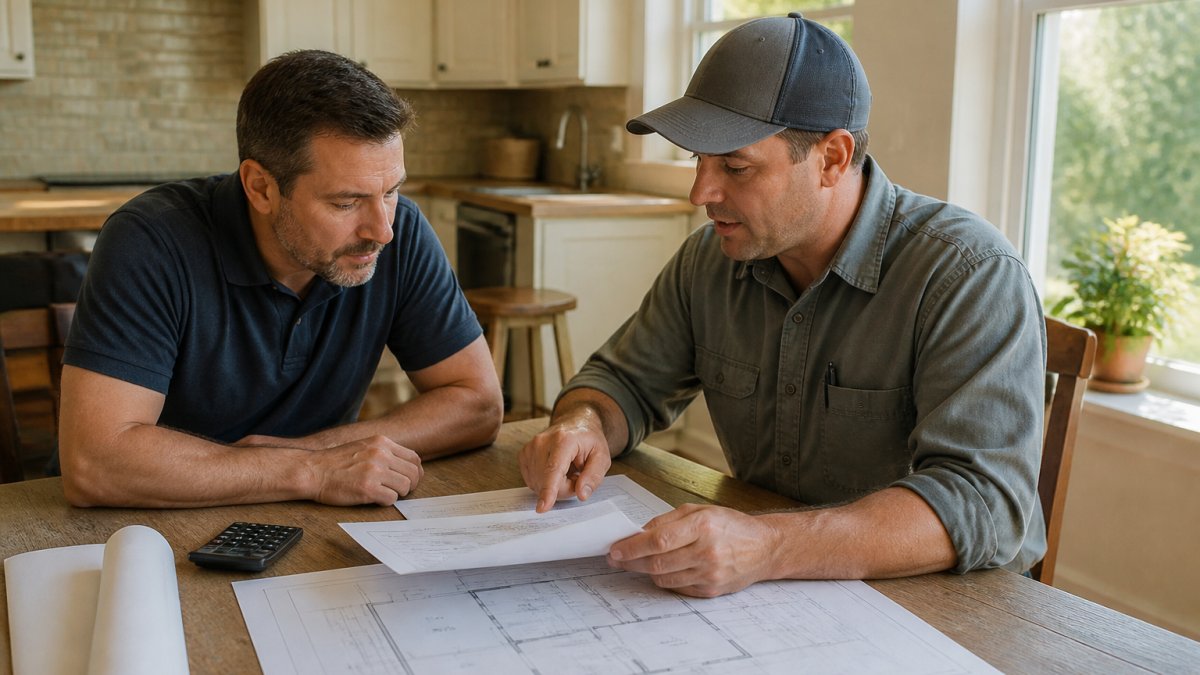 Homeowner sitting at kitchen table with contractor, reviewing printed estimate documents and blueprints together, natural afternoon light through windows