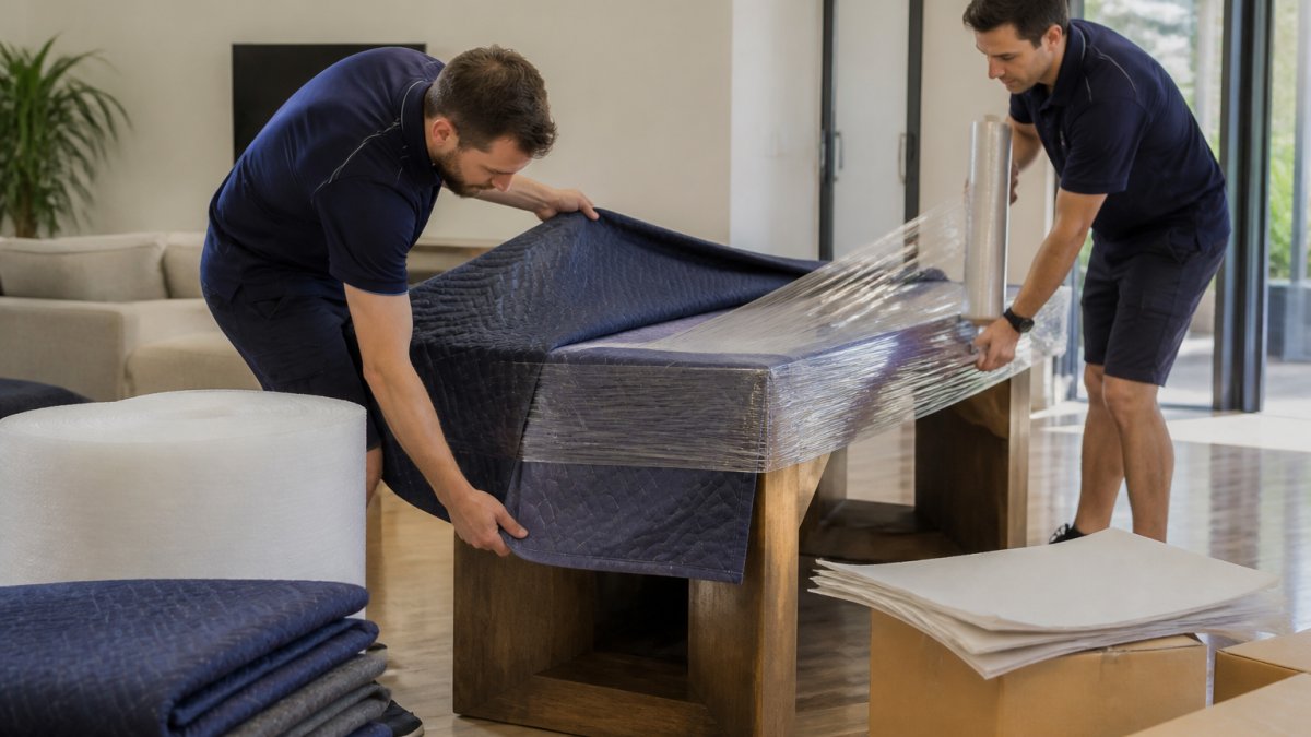 Two removalists wrapping a timber dining table in moving blankets and plastic wrap inside a home, with foam padding and boxes nearby