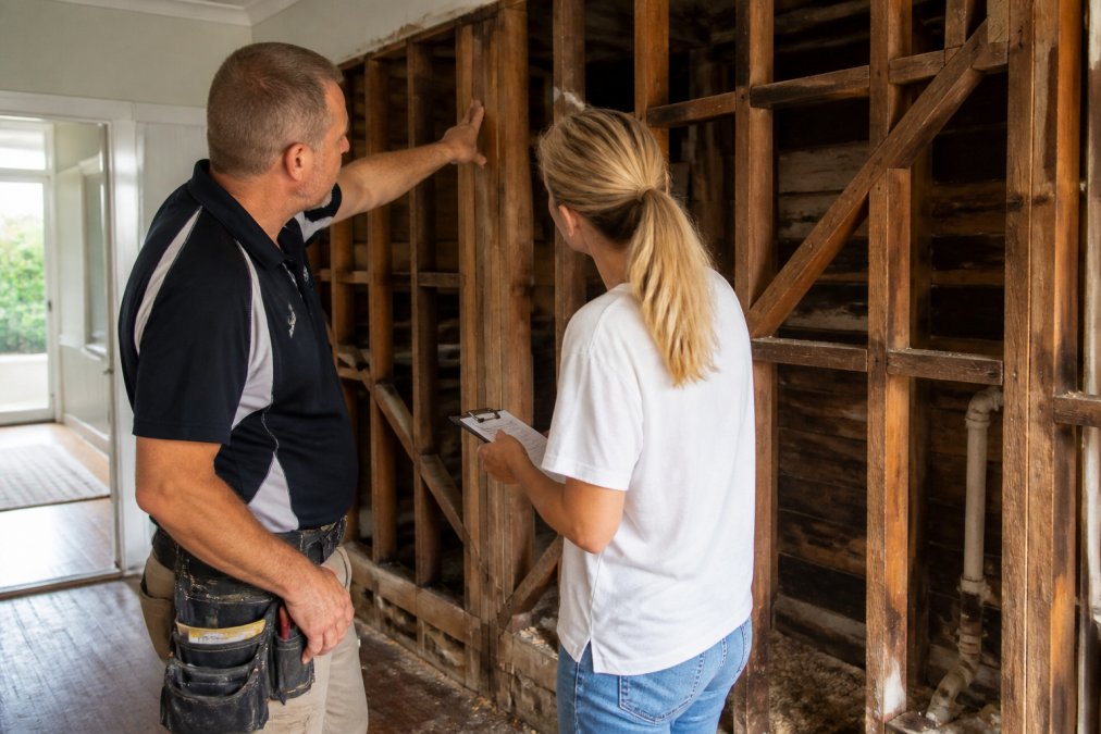 Builder and homeowner inspecting wall framing during a renovation budget review